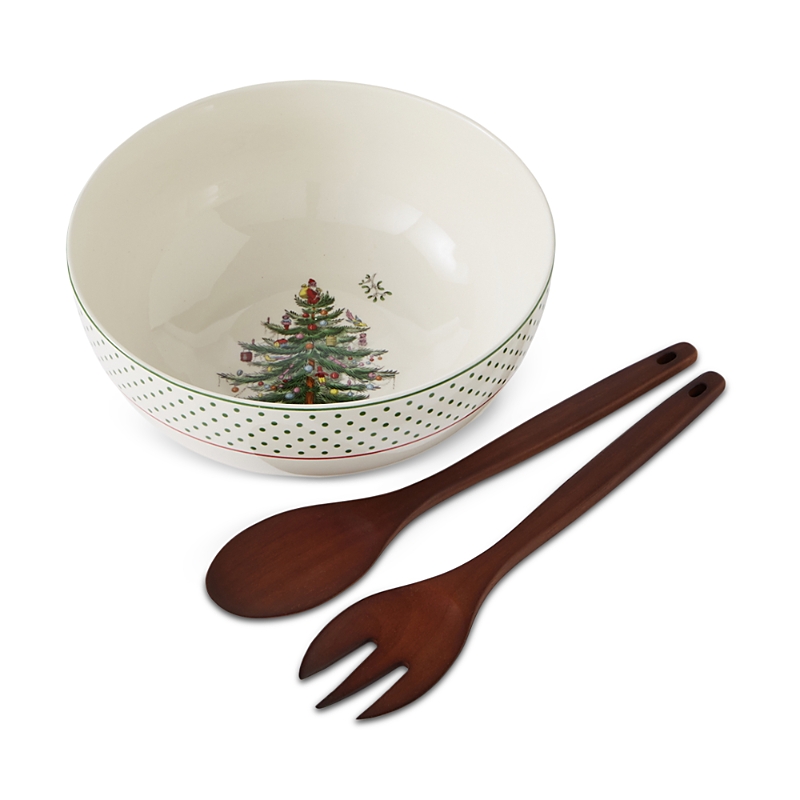 Spode Christmas Tree Polka Dot 10 Serving Bowl & Wooden Servers In Green