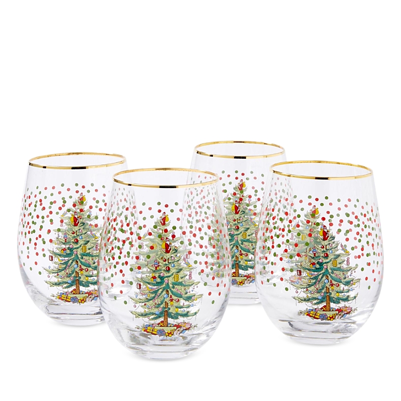 Spode Christmas Tree Polka Dot Stemless Wine Glasses, Set Of 4 In Green