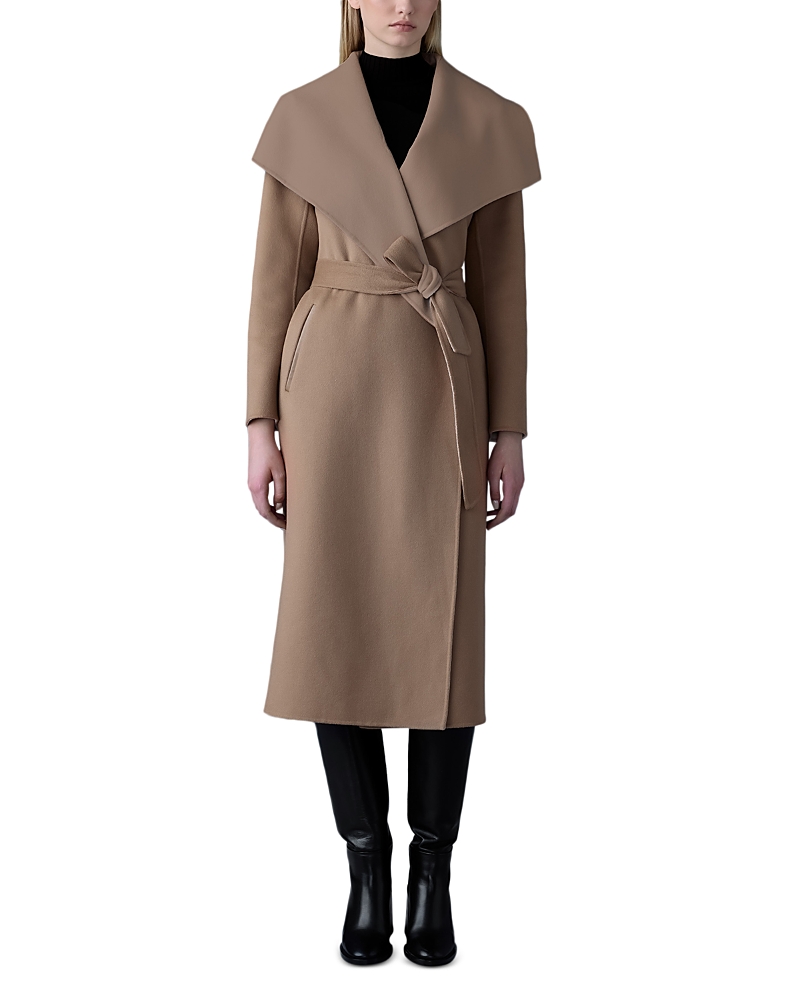 Mackage Mai-cn Double-face Light Camel Wool Wrap Longline Coat In Brown
