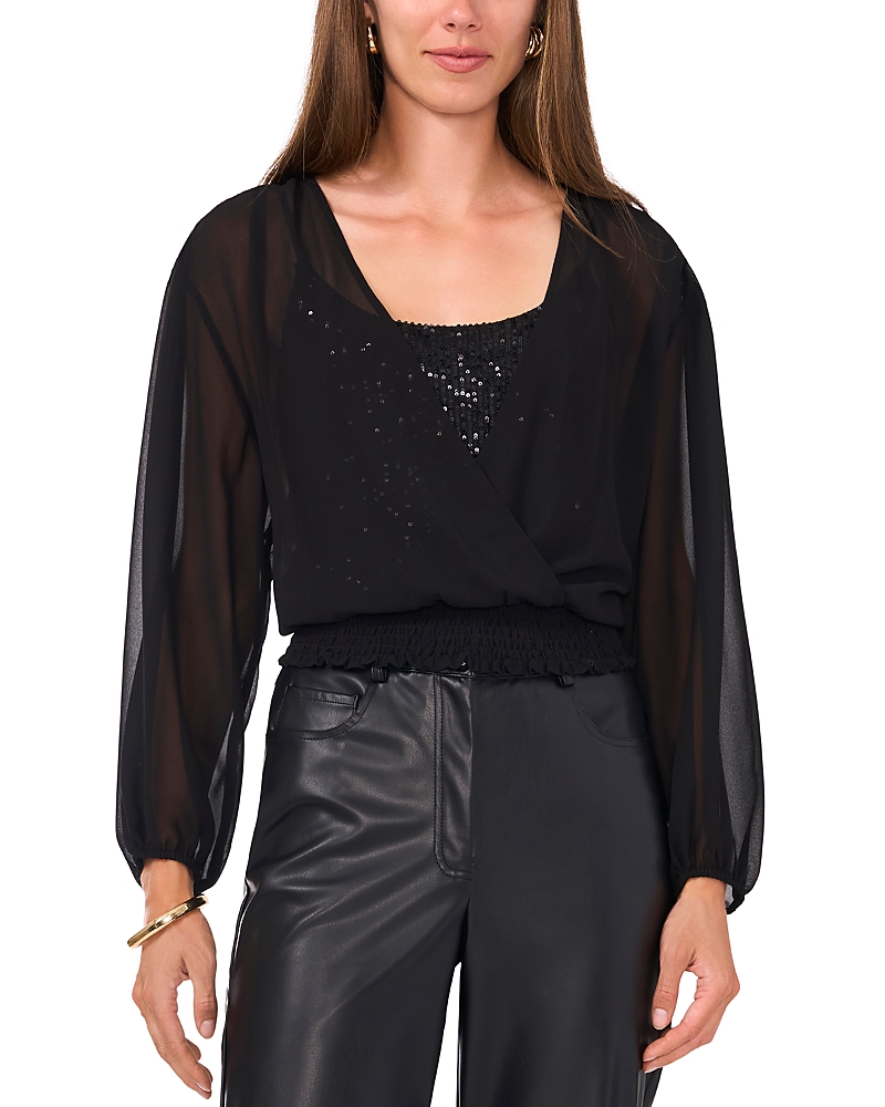 VINCE CAMUTO OVERLAP SEQUIN CAMI LONG SLEEVE BLOUSE