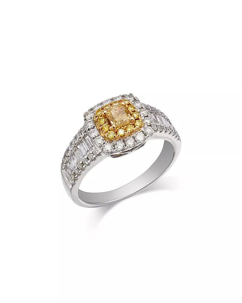 Bloomingdale's Fine Collection White & Yellow Diamond Cushion & Round Halo Ring in 14K Yellow & White Gold, 1.3 tcw
