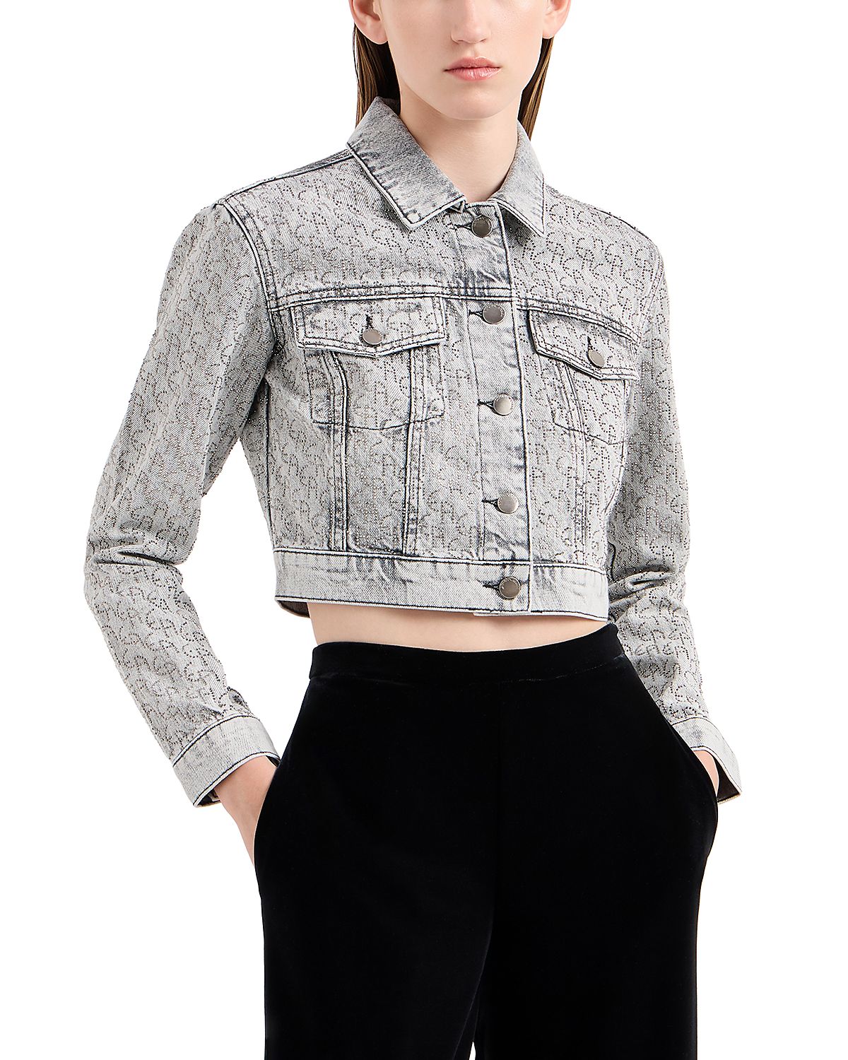 Emporio Armani Rhinestone Logo Cropped Denim Jacket