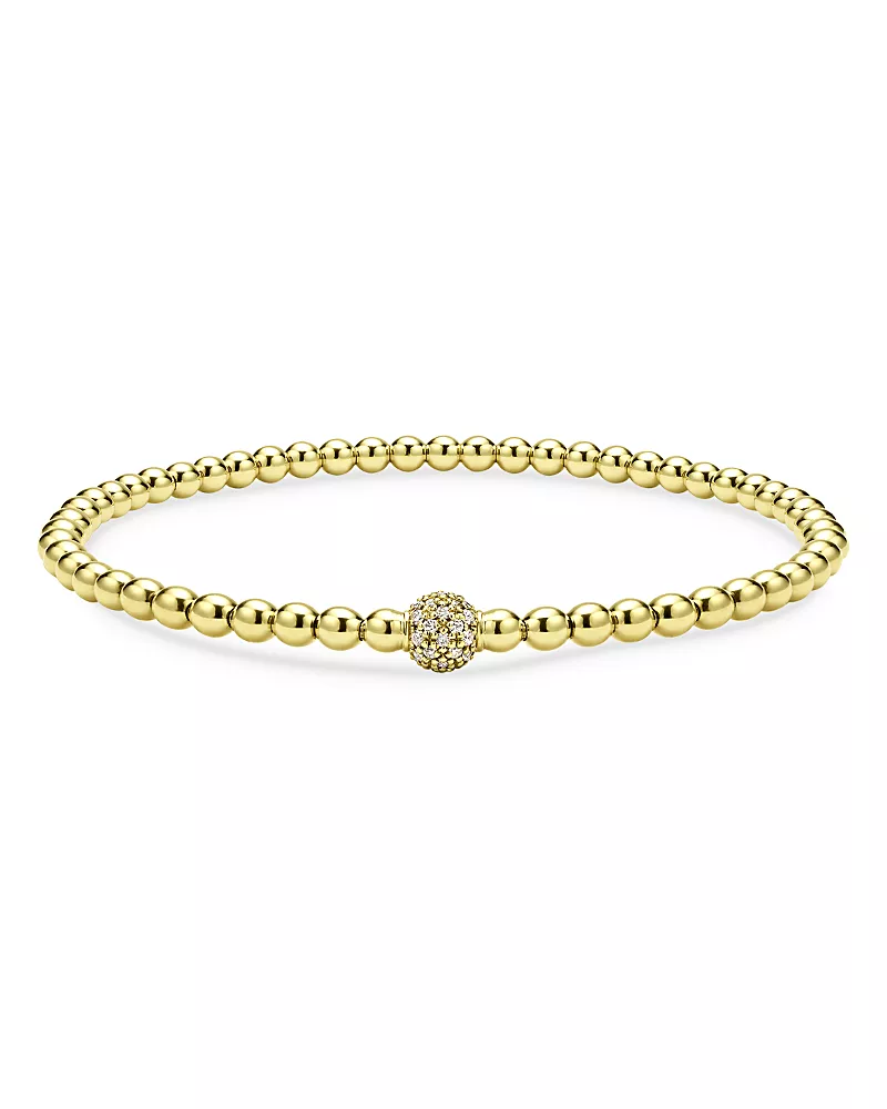 Lagos 18K Yellow Gold Caviar Diamond Pave Ball Stretch Bracelet