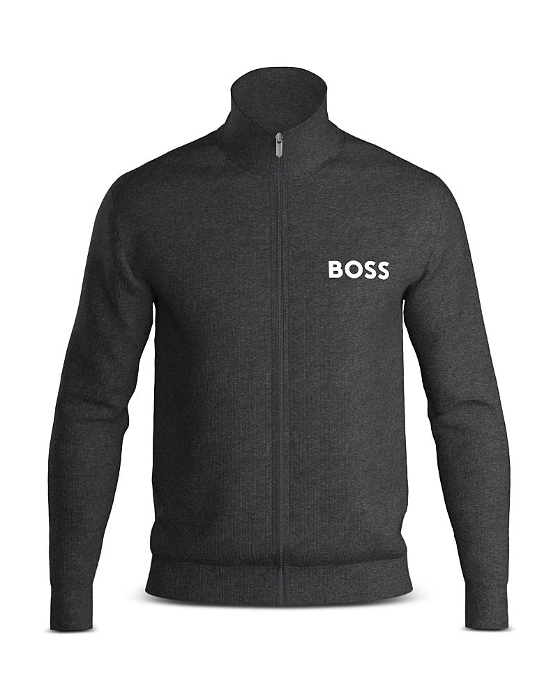 Hugo Boss Ease Cotton Logo Print Full Zip Jacket Regular Fit In Medium Grey