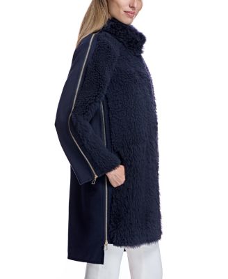 Mixed-Media Shearling Coat With Zipper Trim
