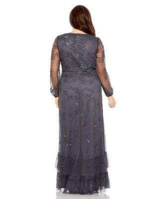  Plus Puff Sleeve V-Neck Tiered Embellished Gown