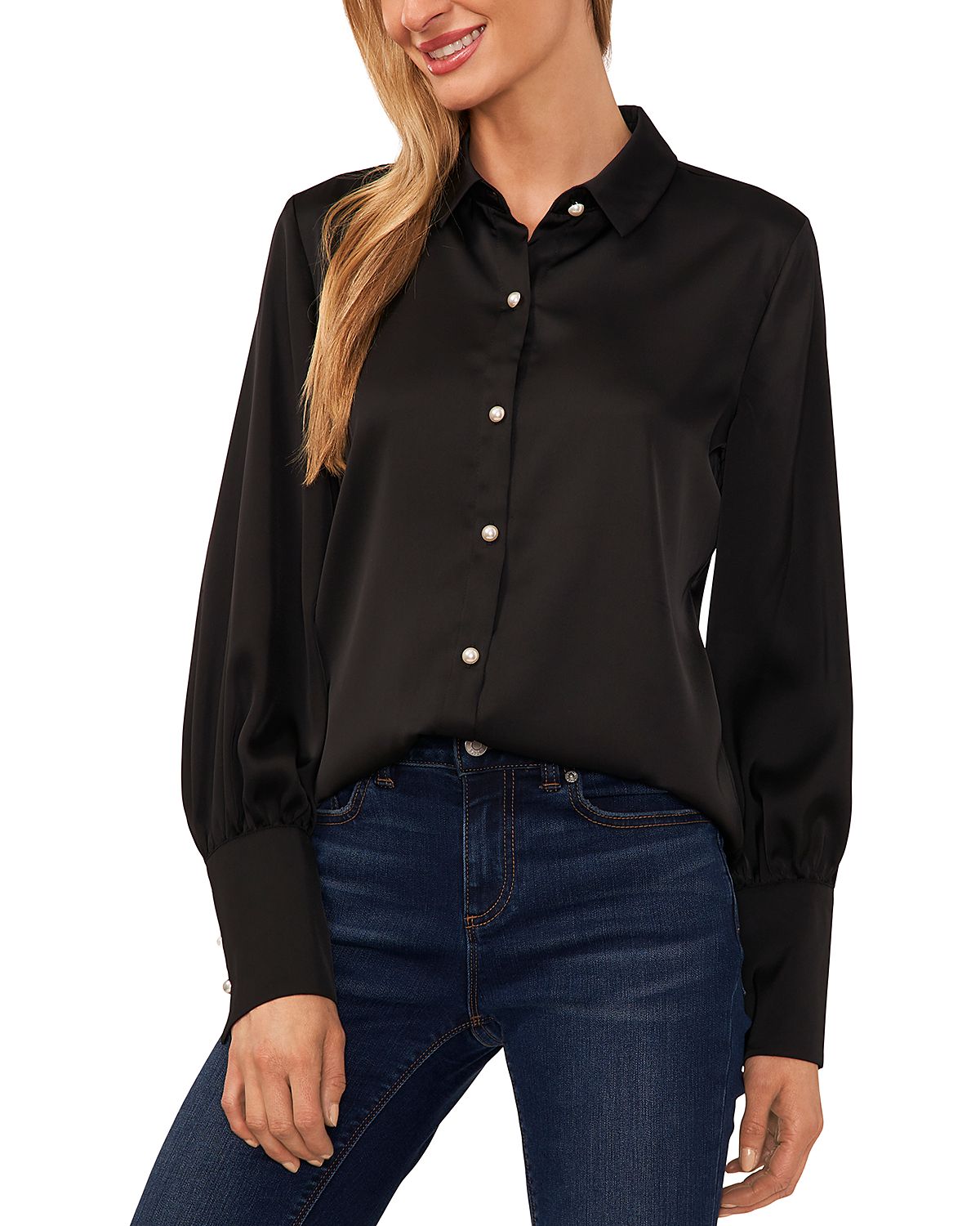 CeCe Satin Faux Pearl Button Blouse