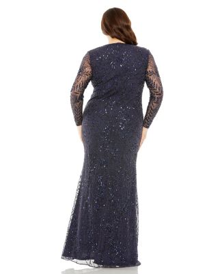  Plus Long Sleeve Mesh Embellished Gown