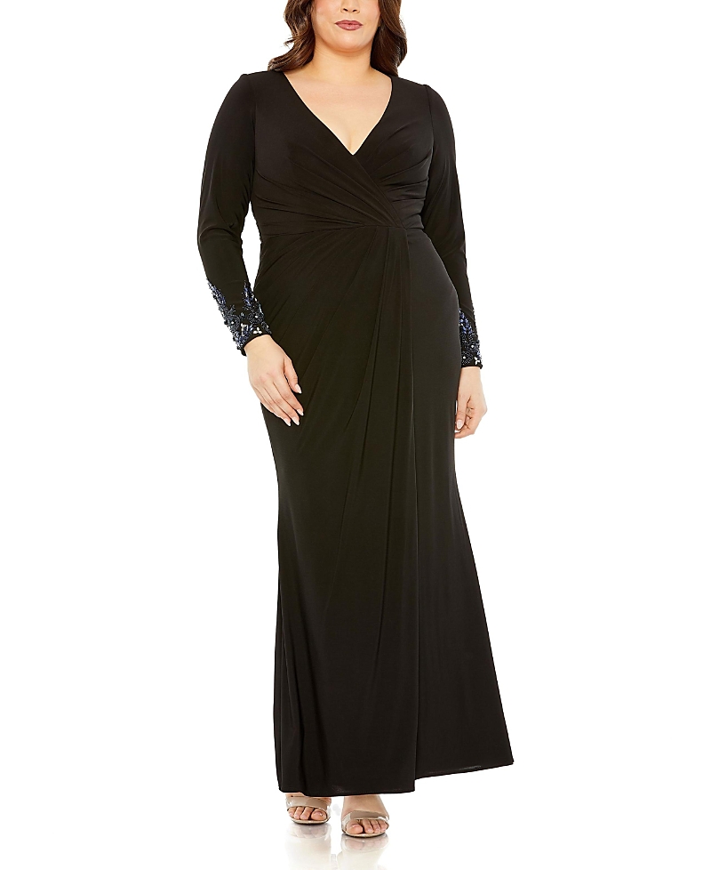 Mac Duggal Black Wrap Over Long Sleeve Lace Applique Trumpet Gown (plus) In Black