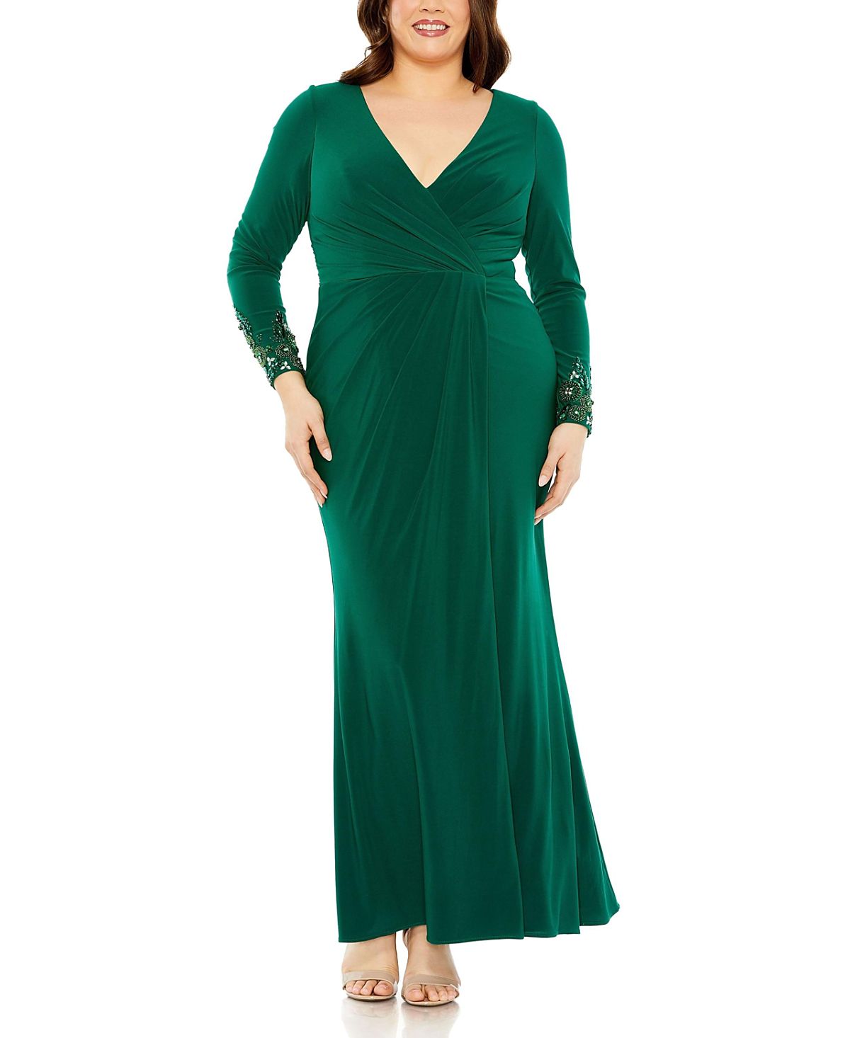 Mac Duggal Plus Long Crystal Detail Sleeve V Neck Gown