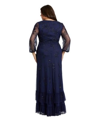  Plus Puff Sleeve V-Neck Tiered Embellished Gown