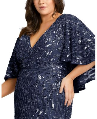 Plus Embellished Cape Sleeve Cocktail Gown