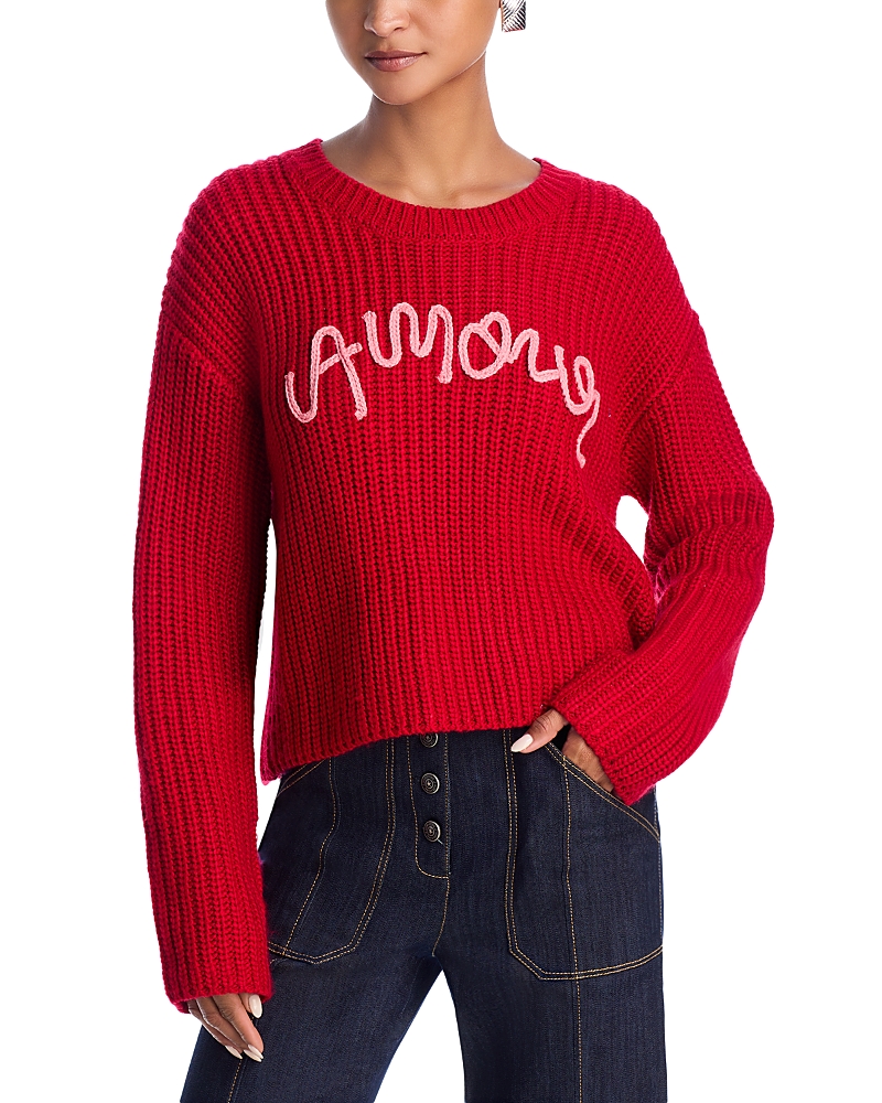 Shop Cinq À Sept Cinq A Sept Amour Embroidered Ribbed Sweater In Red Currant/pink Quartz