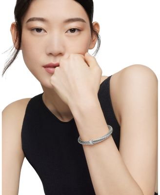 Classic Cable Station Bracelet in Sterling Silver with Pav&eacute; Diamonds, 7mm