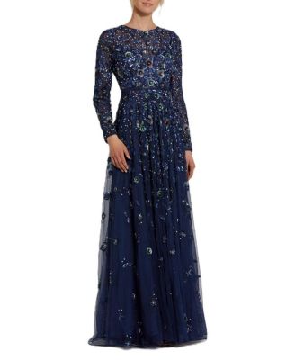 Embellished High Neck Long Sleeve A Line Gown