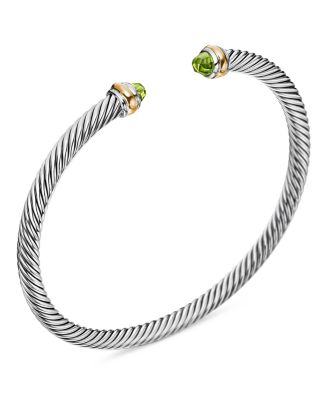 Classic Cable Bracelet in Sterling Silver with 18K Yellow Gold and Peridot, 4mm