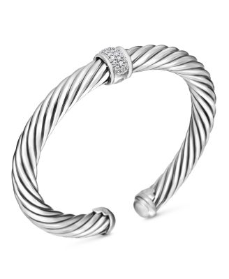 Classic Cable Station Bracelet in Sterling Silver with Pav&eacute; Diamonds, 7mm