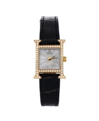 Pre-Owned Hermes Heure H Quartz Watch in Gold and Alligator with Diamond Bezel and Mother of Pearl 17mm