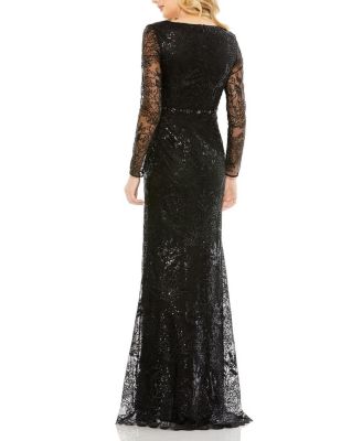 Embellished Wrap Over Long Sleeve Gown