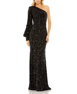 Sequined One Shoulder Bishop Sleeve Trumpet Gown