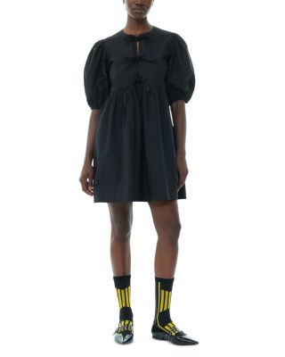 Black Cotton Poplin Tie String Mini Dress