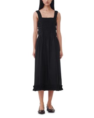 GANNI - Black Cotton Poplin Midi Strap Smock Dress