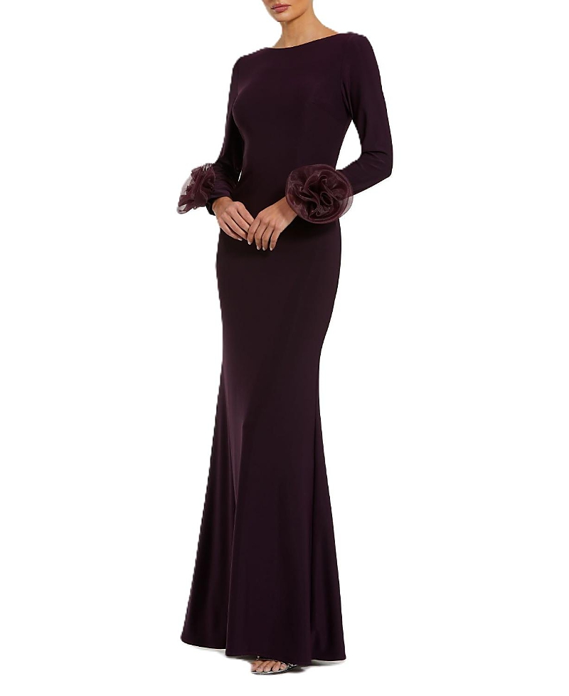 Mac Duggal Long Sleeve Fitted Jersey Gown With 3d Flowers In Amethyst