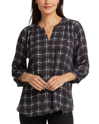 Nydj Three Quarter Sleeve Printed Pintucked Back Blouse