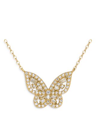 Aqua Cubic Zirconia Butterfly Pendant Necklace in 18K Gold Plated Sterling Silver, 16-18 - Exclusive