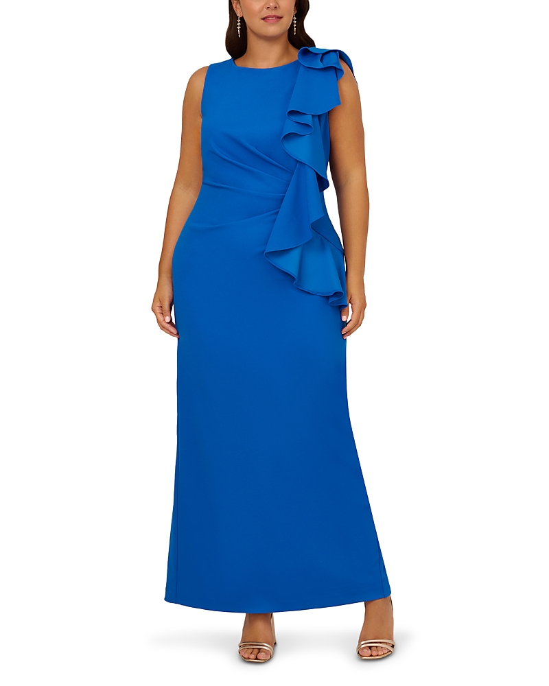 Adrianna Papell Ruffle Crepe Column Gown In Cool Cobalt