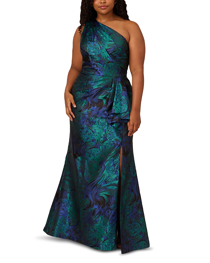 Adrianna Papell Floral One-shoulder Jacquard Mermaid Gown In Cobalt Teal
