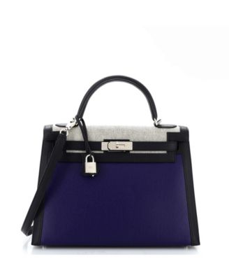 Pre-Owned HERMÈS - Kelly 32 Handbag Blue Berline Vache Canvas with Black Swift and Toile with Palladium Hardware