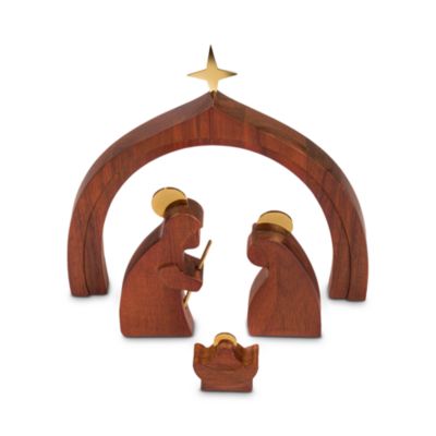 Wooden Holy Family with Creche Figurines, Set of 4 