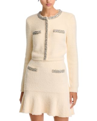 Self-Portrait - Cream Rhinestone Trim Knit Cardigan