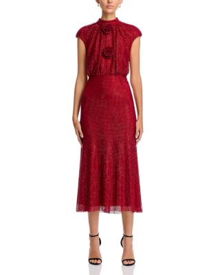self portrait red embroidered midi dress self-portrait - Red Rhinestone Fishnet Midi Dress main image 1