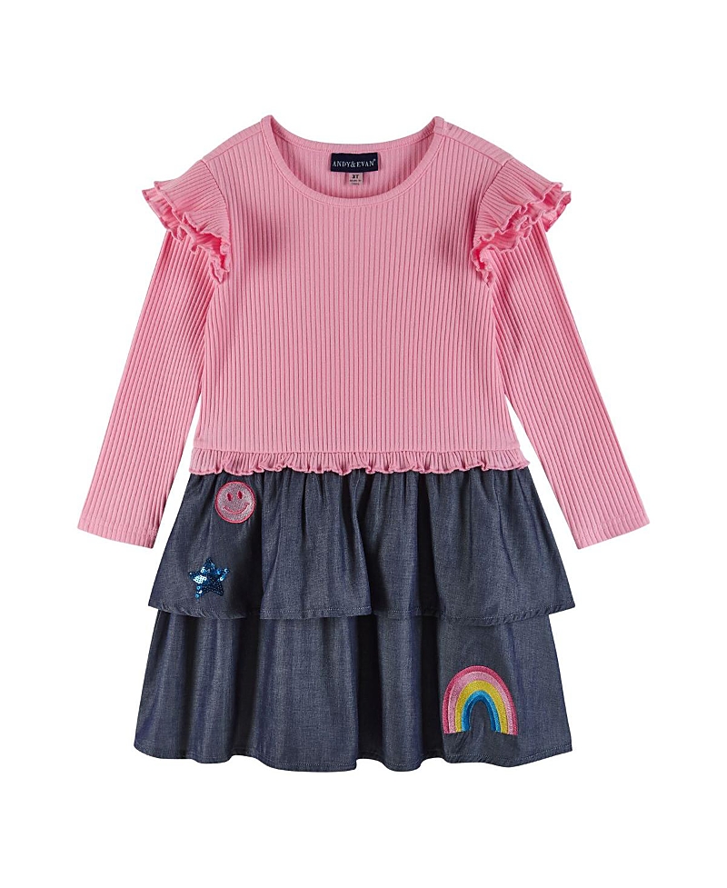 Shop Andy & Evan Girls' Pink Rib Knit And Chambray Tiered Dress - Little Kid In Pink Chambray