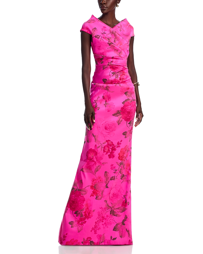 Teri Jon By Rickie Freeman Pleated Waist Gown In Hot Pink Multi