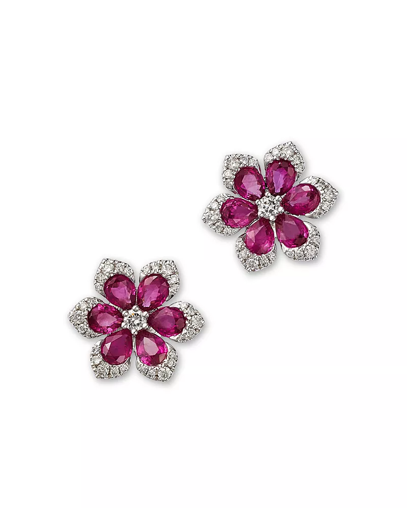 Bloomingdale's Fine Collection Ruby & Diamond Flower Stud Earrings 14K White Gold