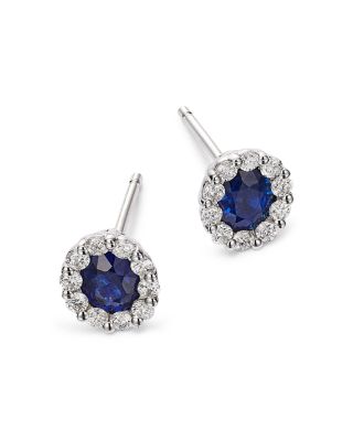 Blue Sapphire & Diamond Halo Stud Earrings in 14K White Gold