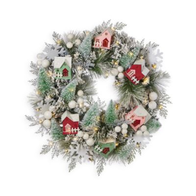 Snowy Cottage 26" Wreath with Fairy Lights