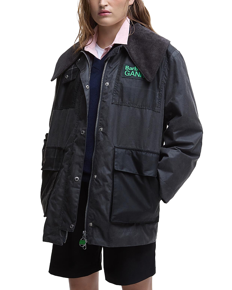 Barbour Ganni Waxed Duffle Coat In Charcoal/winter/modern