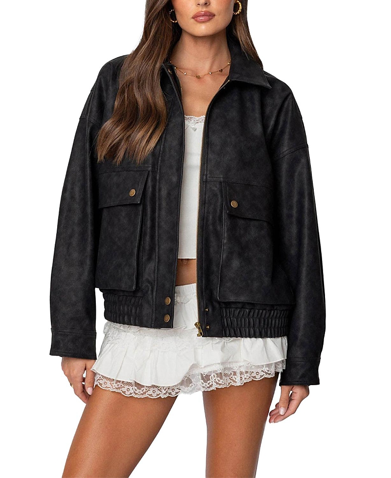 Edikted Faux Leather Bomber Jacket In Black