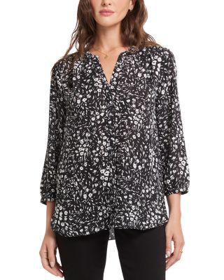 Nydj Three Quarter Sleeve Printed Pintucked Back Blouse