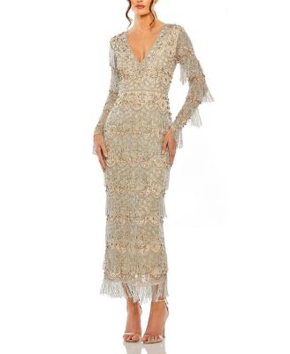 Mac Duggal - V Neck Beaded Fringe Embellished Dress