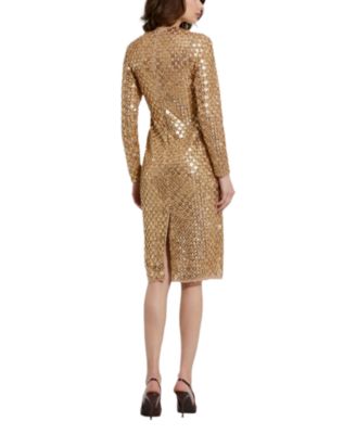  Beaded Georgette Long Sleeve Fitted Midi Dress