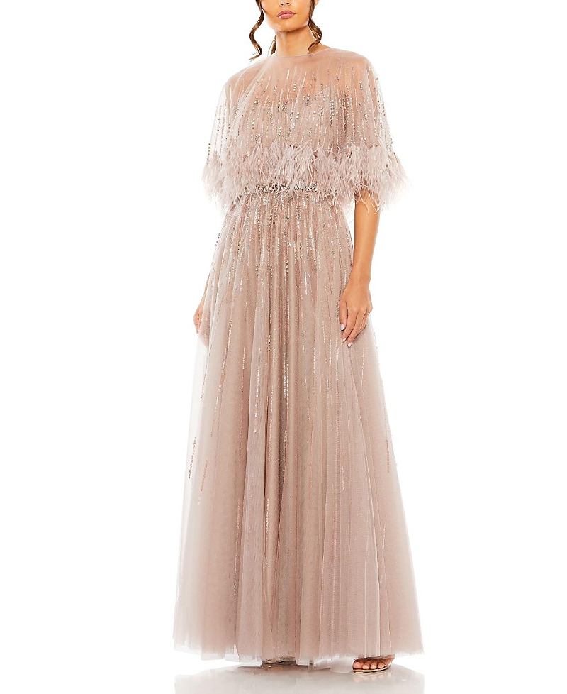 Mac Duggal Embellished A Line Dress With Feather Detail Cape In Mocha