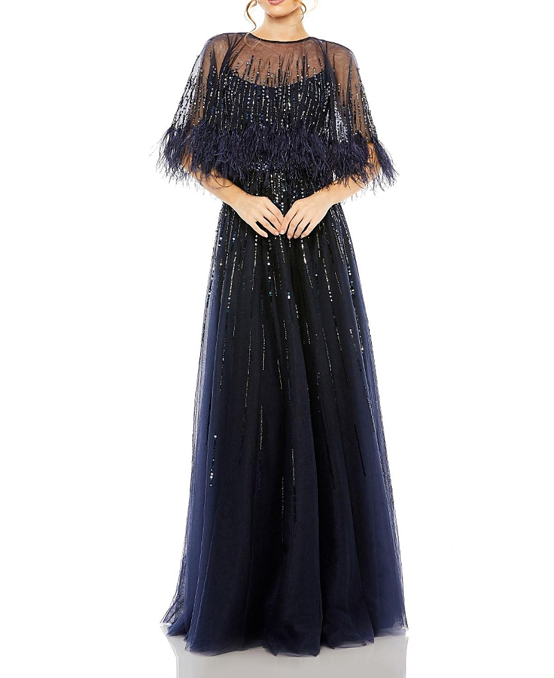 Mac Duggal Embellished A Line Dress With Feather Detail Cape In Navy