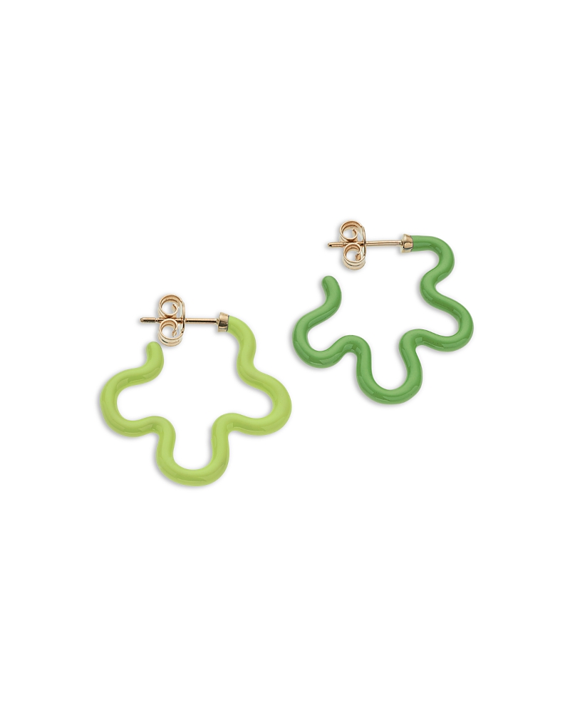 Bea Bongiasca 9k Yellow Gold Flower Funk Lime & Dark Green Open Flower Mismatch Huggie Hoop Earrings In Green