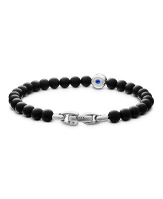 Men's Spiritual Beads Evil Eye Bracelet in Sterling Silver with Black Onyx and Sapphire, 6mm