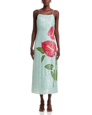 Anthurium Flowers Sequined Slip Dress